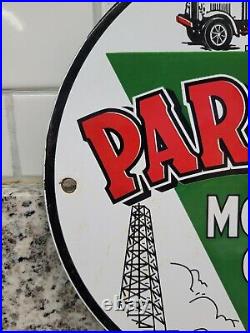 Vintage Paragon Porcelain Sign Motor Oil Producing Refinery Trucking Advertising