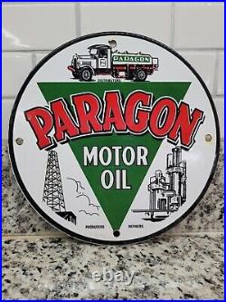 Vintage Paragon Porcelain Sign Motor Oil Producing Refinery Trucking Advertising