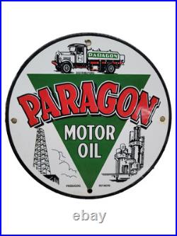 Vintage Paragon Porcelain Sign Old Us Motor Oil Petroleum Truck Gas Pump Plate