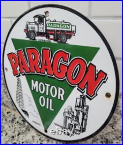 Vintage Paragon Porcelain Sign Old Us Motor Oil Petroleum Truck Gas Pump Plate