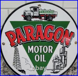 Vintage Paragon Porcelain Sign Old Us Motor Oil Petroleum Truck Gas Pump Plate