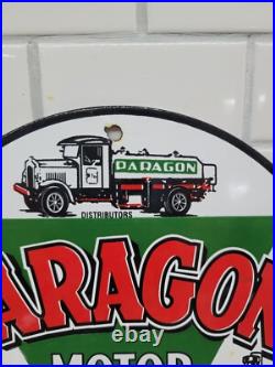 Vintage Paragon Porcelain Sign Old Us Motor Oil Petroleum Truck Gas Pump Plate
