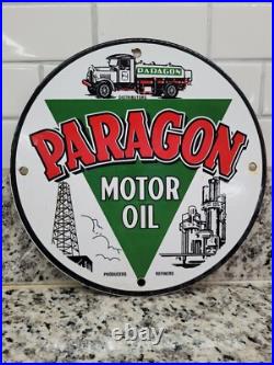 Vintage Paragon Porcelain Sign Old Us Motor Oil Petroleum Truck Gas Pump Plate