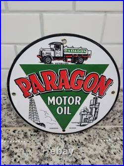 Vintage Paragon Porcelain Sign Old Us Motor Oil Petroleum Truck Gas Pump Plate
