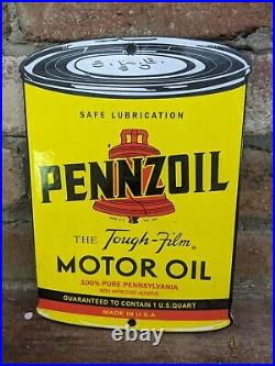 Vintage Pennzoil Motor Oil Can Porcelain Gas Pump Sign 8 X 6