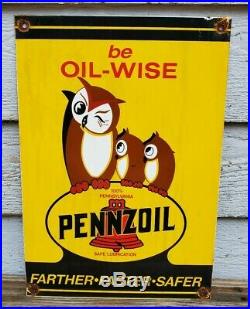 Vintage Pennzoil Motor Oil Owl Porcelain Sign Rare Service Station Advertising