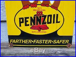 Vintage Pennzoil Motor Oil Owl Porcelain Sign Rare Service Station Advertising