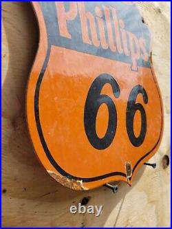 Vintage Phillips 66 Porcelain Sign Orange Gas Oil Highway Shield Truckstop Motor