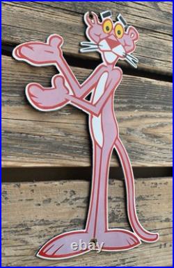 Vintage Pink Panther Cartoon Motor Oil Soda Pop Gas Oil Disney Porcelain Sign