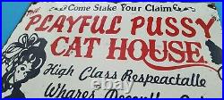 Vintage Playful Cat House Porcelain Gas Motor Oil Service Station Pump Sign