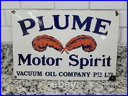 Vintage Plume Porcelain Sign Motor Spirit Feather Gas & Oil Vacuum Co Mobil