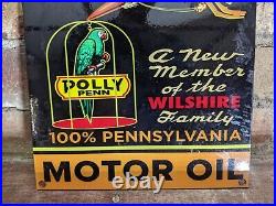 Vintage Polly Penn Motor Oil Gasoline Pure Penn Porcelain Pump Sign 12 X 8