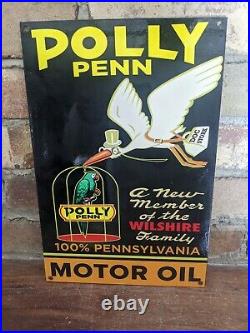 Vintage Polly Penn Motor Oil Porcelain Gas Station Pump Sign 12 X 8