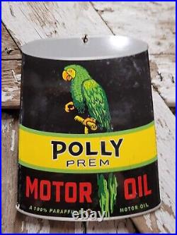 Vintage Polly Porcelain Sign Prem Motor Oil Can Automobile Lubricant Part Supply