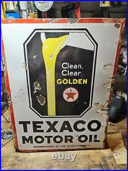 Vintage Porcelain Enamel Sign Texaco Golden Motor Oil Texas Co USA With Flange