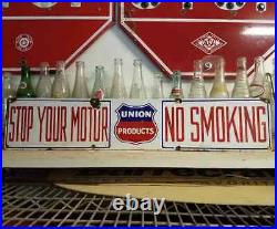 Vintage Porcelain Union Products Oil Sign Stop Your Motor No Smoking California