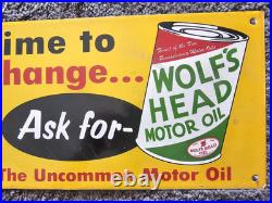 Vintage Porcelain Wolf's Head Motor Oil Porcelain Metal Sign Size 12 X 7