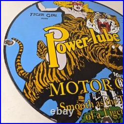 Vintage Power Lube Gasoline Sign Tiger Motor Oil Gas Porcelain Pump Plate Sign