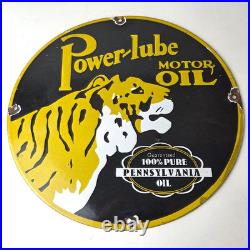 Vintage Power Lube Gasoline Sign Tiger Motor Oil Gas Porcelain Sign