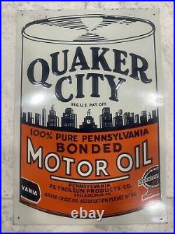 Vintage Quaker City Motor Oil Tin Sign Phila PA Original Embossed 12.75x18.75