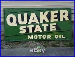 Vintage Quaker State Motor Oil Embossed Metal Sign Wood Frame 70 x 34 Dated 1949