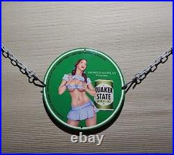 Vintage Quaker State Motor Oil Pinup Girl Porcelain Gas Oil Garage Lube Ad Sign