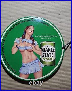 Vintage Quaker State Motor Oil Pinup Girl Porcelain Gas Oil Garage Lube Ad Sign