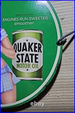 Vintage Quaker State Motor Oil Pinup Girl Porcelain Gas Oil Garage Lube Ad Sign