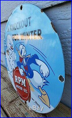 Vintage RPM Motor Oil Advertising Porcelain Pump Sign Donald Duck Gas Oil