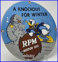 Vintage RPM Motor Oil Porcelain Sign Gas Station Pump Plate Disney Donald Duck