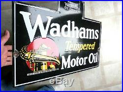 Vintage Rare Wadhams Tempered Motor Oil Porcelain Oil Rack Sign 30x22 Very Nice