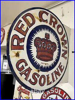 Vintage Red Crown Motor Flange Oil Gasoline 18 Porcelain Sign Gas Station