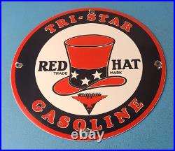 Vintage Red Hat Gasoline Porcelain Sign Gas Motor Oil Pump Plate Sign