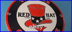 Vintage Red Hat Gasoline Porcelain Sign Gas Motor Oil Pump Plate Sign