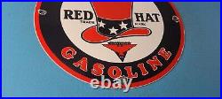 Vintage Red Hat Gasoline Porcelain Sign Gas Motor Oil Pump Plate Sign