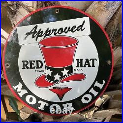 Vintage Red Hat Motor Oil Porcelain Metal Sign USA Independent Gas Pump Station
