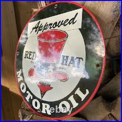 Vintage Red Hat Motor Oil Porcelain Metal Sign USA Independent Gas Pump Station
