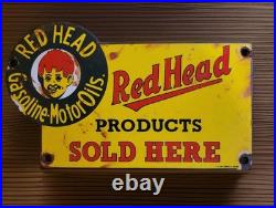 Vintage Red Head Gasoline Porcelain Sign Motor Oil Esso Mobil Sold Here Gas Oil