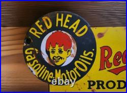 Vintage Red Head Gasoline Porcelain Sign Motor Oil Esso Mobil Sold Here Gas Oil