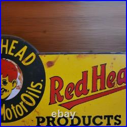 Vintage Red Head Gasoline Porcelain Sign Motor Oil Esso Mobil Sold Here Gas Oil