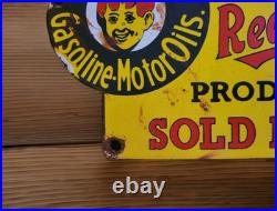 Vintage Red Head Gasoline Porcelain Sign Motor Oil Esso Mobil Sold Here Gas Oil