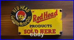 Vintage Red Head Gasoline Porcelain Sign Motor Oil Esso Mobil Sold Here Gas Oil