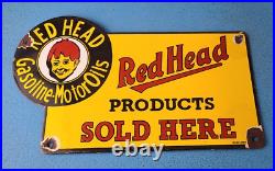 Vintage Red Head Motor Oil Sign Gasoline Pump Plate Sold Here Porcelain Sign