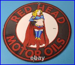 Vintage Red Head Motor Oil Sign Gasoline Pump Superwoman Porcelain Sign