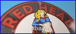 Vintage Red Head Motor Oil Sign Gasoline Pump Superwoman Porcelain Sign Vintage Red Head Motor Oil Sign Gasoline Pump Superwoman Porcelain Sign