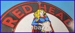 Vintage Red Head Motor Oil Sign Gasoline Pump Superwoman Porcelain Sign