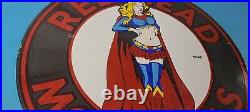 Vintage Red Head Motor Oil Sign Gasoline Pump Superwoman Porcelain Sign