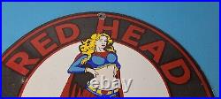 Vintage Red Head Motor Oil Sign Gasoline Pump Superwoman Porcelain Sign