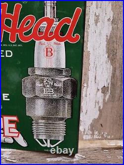 Vintage Red Head Porcelain Sign Flange Spark Plugs Auto Part Motor Lube Oil Gas