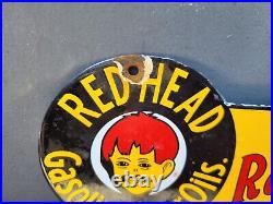 Vintage Red Head Porcelain Sign Motor Oil Gasoline Station Service Garage Lube